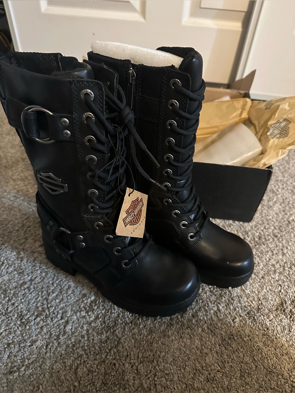 Harley-Davidson Women's Black Lace-Up Motorcycle Boots with Metal Hardware